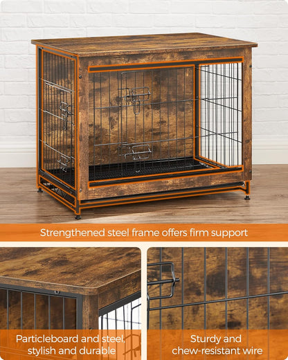 Feandrea Dog Crate Furniture, 32.5" Side End Table, Modern Kennel for Dogs Indoor up to 45 lb, Heavy-Duty Dog Cage with Multi-Purpose Removable Tray, Double-Door Dog House, Rustic Brown UPFC002X01