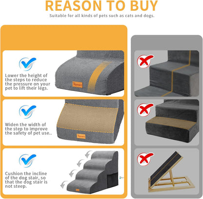 Topmart High Density Foam Dog Steps 4 Tiers,Extra Wide Deep Pet Steps,Non-Slip Dog Stairs Ramp for Bed,Soft Foam Cat Ladder,Best for Older Injured,Older Pets,Cats with Joint Pain