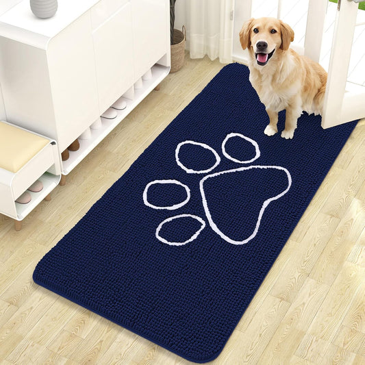 OLANLY Door Mat for Muddy Dog Paws 47x24, Ultra Absorbent Chenille Mud Doormat with Paw Print Design, Non-Slip Washable Doormat for Indoor Entryway, Quick-Dry Pet Bed Mats for Dirty Dogs, Navy Blue