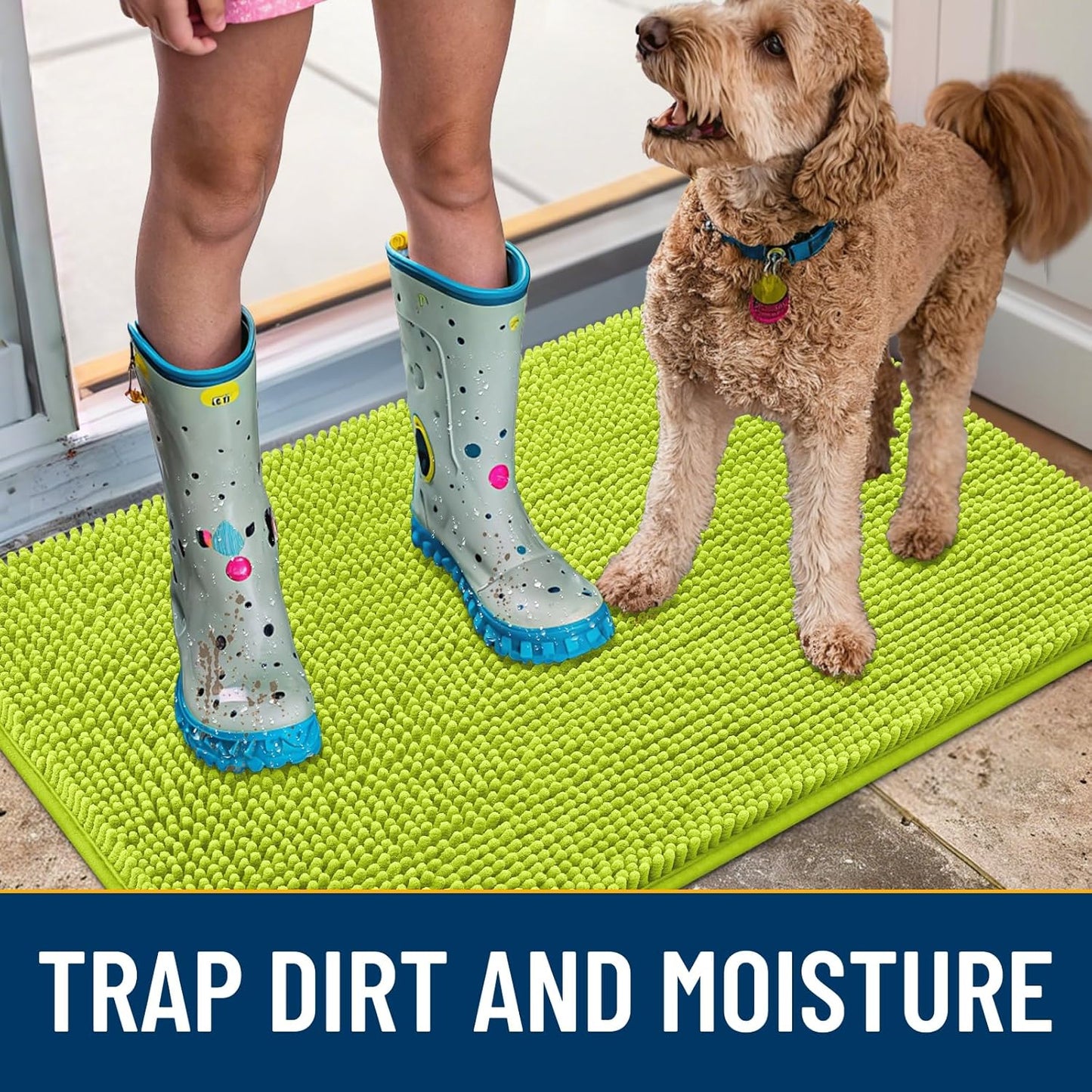 Smiry Dog Door Mat for Muddy Paws 36x24, Absorbs Moisture and Dirt Doormat, Non-Slip Washable Quick Dry Chenille Front Door Mat Indoor Entrance, Entryway Carpet for Inside Floor, Bright Green