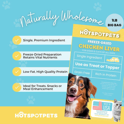 hotspot pets Freeze Dried Chicken Liver Treats for Cats & Dogs -1LB Big Bag-Made in USA- Single Ingredient All Natural, Grain-Free - Perfect for Training, Food Topper or Snack