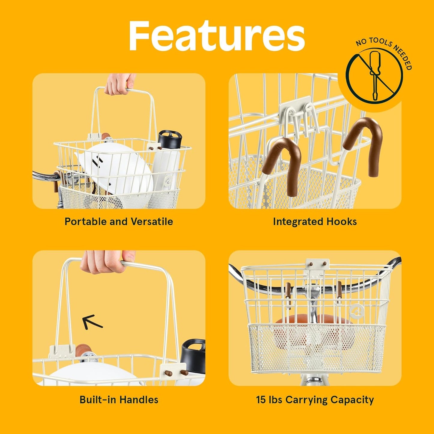 Retrospec Apollo Detachable Front Bike Basket Steel Half-Mesh with Integrated Detachable Hooks and Built-In Handle, Easy Assembly and Portability for Bicycles