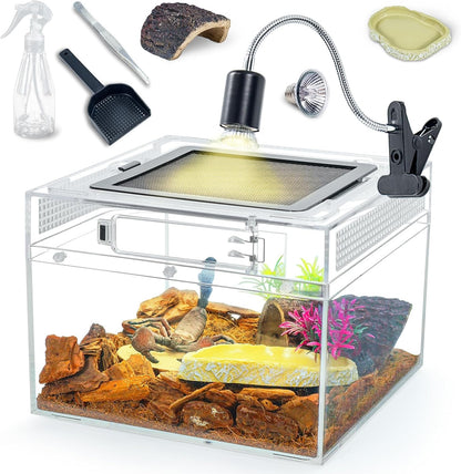 Reptile Tank Kit with Heat Lamp, Spray Bottle, Shovel, Tweezers, Food Bowl, Hideout -Perfect for Geckos, Jumping Spider,Milk Frog,Hermit Crabs,Snakes, Lizards (8''×8''×6'')