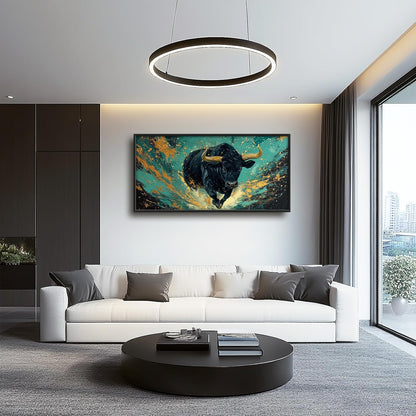 Large Bison Buffalo Wall Art for Living Room, Framed Oversized Bull Wall Decor, Abstract Teal and Golden Canvas Painting Modern Artwork for Living Room Bedroom Office Dining Room 60"x30"