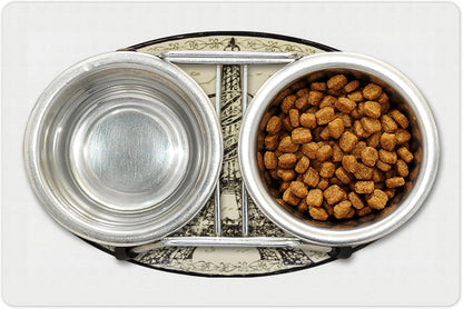 Lunarable Paris Pet Mat for Food and Water, Vintage Wall Sign with Paris Theme Famous Landmark Tourism Travel Destination, Non-Slip Rubber Mat for Dogs and Cats, 18" X 12", Beige and Black