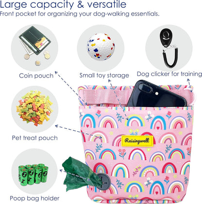 Dog Treat Pouch for Pet Walking and Training with Clicker 2 Cup Silicone Bag Small Fanny Pack Holder for Puppy Snack Dispenser Kit for Leash and Outdoor Use (Rainbow)