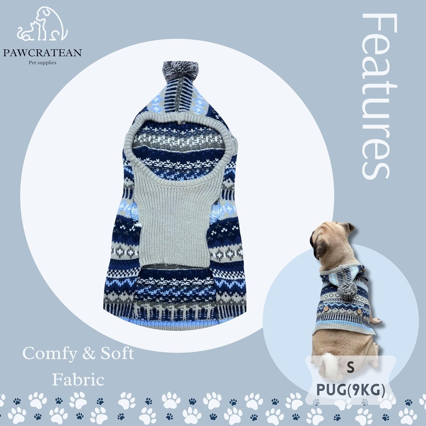 Cute Sweater for Dogs and Cats Soft Flannel Pet Outfit Warm and Cozy Animal Hoodie Small to Large Pet Clothes for Halloween Parties and Everyday Wear (Small, Blue Patten with Hat)
