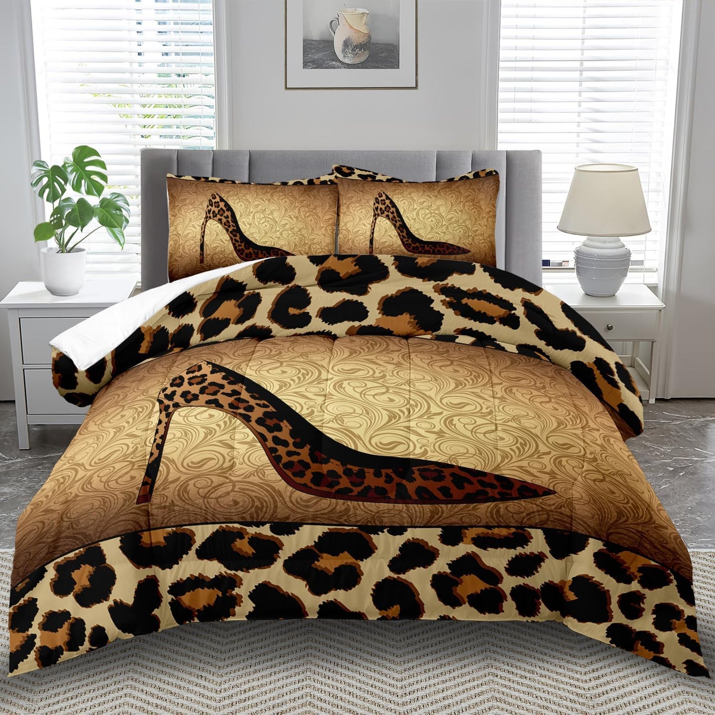 Leopard Comforter Set Queen Girls,Sexy High Heel Comforter for Women,Leopard Print Bedding Set Queen Adult,High Heel Quilt Bedroom Decor,African Animal Print Bedding Quilt
