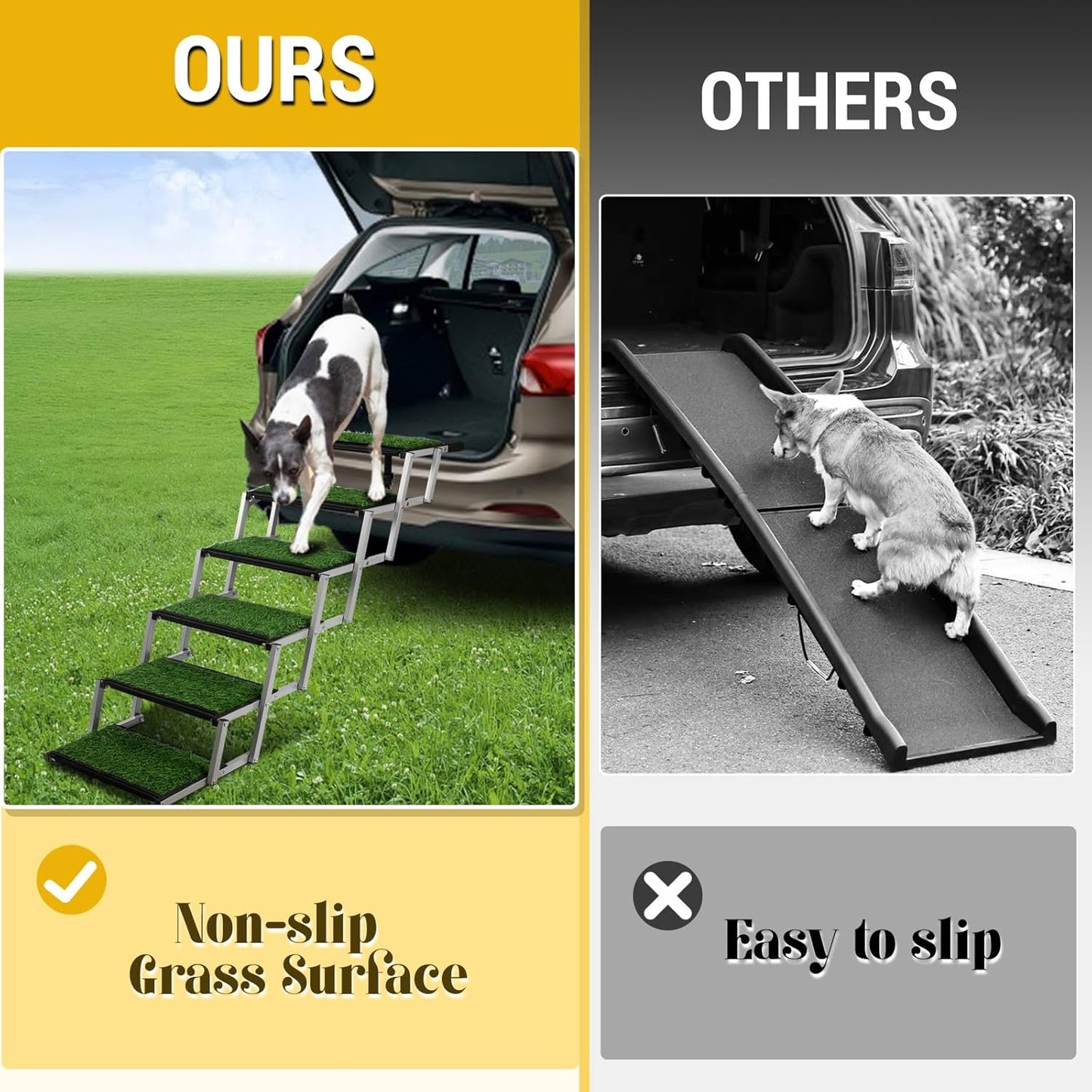Extra Wide Dog Stairs for Car, Portable Folding Dog Ramps,Doggy Steps for Large Dogs with Non-Slip Grass Rug for Cars, SUV, Trucks, Lightweight Pet Ramp Supports Up to 200 lb, 6 Steps