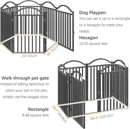BHG Metal No-Assembly Freestanding Dog Gate with Door Walk Through, Extra Wide 144", Extra Tall 32" Pet Gate, Accordion Puppy Folding Playpen Dog Fence for Indoor & Outdoor, with 2PCS Support - Black
