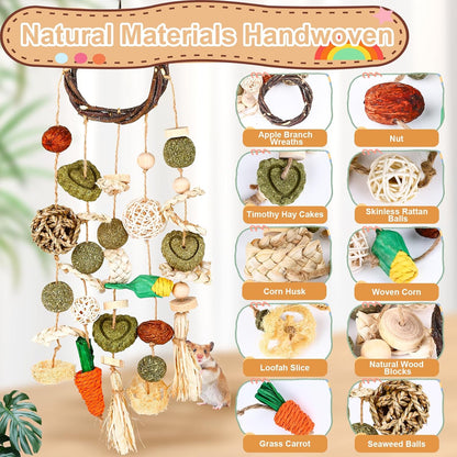VESPRO Bunny Chew Toys, Rabbit Cage Hanging Chewing Toy and Treats Snack Ring, for Rabbits Chinchilla Guinea Pig Hamsters Grinding Teeth with Other Small Pets, Natural Materials Handwoven (5 Strings)