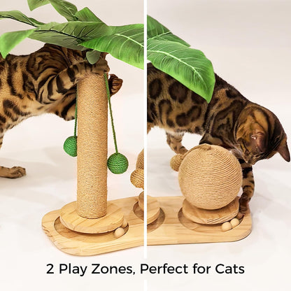 Cat Scratching Post, Wooden Cat Scratcher Toy for Indoor Cats, Sisal Ball Toy with Hanging and Track Balls, 17.7" Tall Banana Tree Cat Tower for Kittens