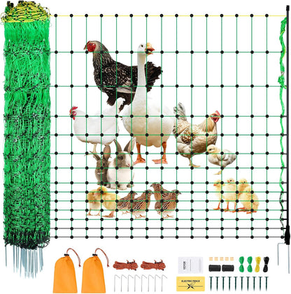 VEVOR Electric Fence Netting, 48" H x 100' L, PE Net Fencing Kit with Posts & Double-Spiked Stakes, Utility Portable Mesh for Chickens, Ducks, Geese, Rabbits, Used in Backyards, Farms, and Ranches