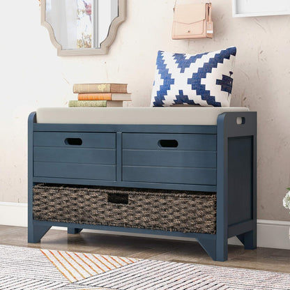 Storage Bench Removable Basket 2 Drawers Fully Assembled Acacia Wood Shoe Bench Standing Shoe Rack Removable Cushion for Living Room, Entrance Hallway, No Assembly Required Navy