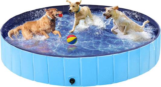 Yaheetech Foldable Dog Pools 63 x 12 Inches Collapsible Hard Plastic Pets Swimming Pool Portable Puppy Bath Tub Cat Shower Pet Wading Pool for Outdoor/Indoor w/Pet Repair Patches, Blue