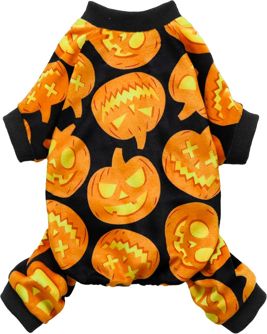 Fitwarm Halloween Pumpkin Dog Pajamas, Funny Dog Winter Clothes for Small Dogs Girl Boy, Pet Jumpsuit, Cat Halloween Costumes with Feet, Lightweight Velvet, Black, Orange, XL