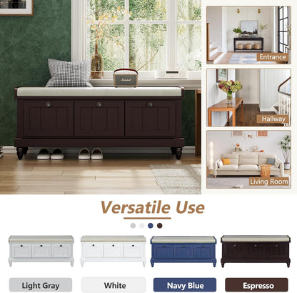 Classic Shoe Storage Bench with Cushion and Three Drawers, Fluted Entryway Bench with Storage for Entryway, Living Room, Hallways 44.0" L x 15.9" W x 18.9" H Espresso