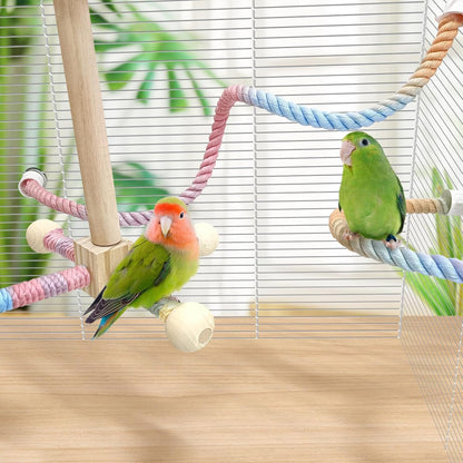 BNOSDM Bird Rope Perch with Stand Perch Toy Set Bendable Rope Perches Wooden Spinning Exercise Wheel Toy Parrot Cage Accessories for Parakeets, Conures, Lovebirds, Budgies, Cockatiels (Rainbow Color)