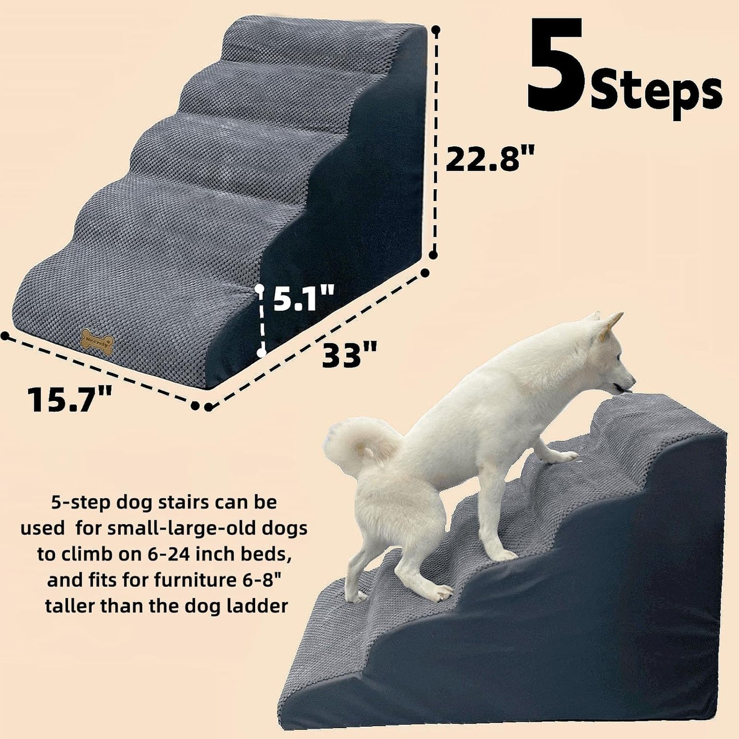 5-Step Dog Stairs for 30 Inch High Beds & 20-30 Inch Couch Bed, Non-Slip Balanced Indoor Pet Ramp Stairs for Small Old Large Dogs Cats to Get on Bed 30D