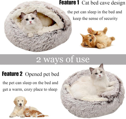 Calming Dog Beds & Cat Cave Bed with Hooded Cover,Removable Washable Round Beds for Small Medium Pets,Anti-Slip Faux Fur Fluffy Coved Bed for Improved Sleep,Fits up to 15/25 lbs (Small,20"x20")