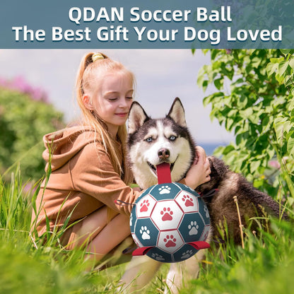 QDAN Extra Large Soccer Ball with Straps, Interactive Dog Toys for Tug of War, Puppy Birthday & Water Toy, Large Dog Balls - Blue & Red (9 Inch)
