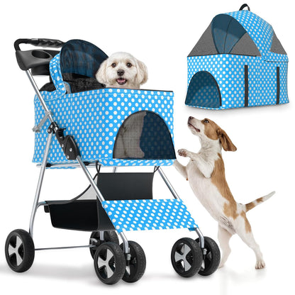 Magshion Foldable Pet Stroller, 3-in-1 Dog Travel Jogger with Detachable Carrier, Cup Holder, Storage Basket, Folding Carrier for Small/Medium Dogs & Cats Up to 33 lbs, Sky Blue Polka Dots