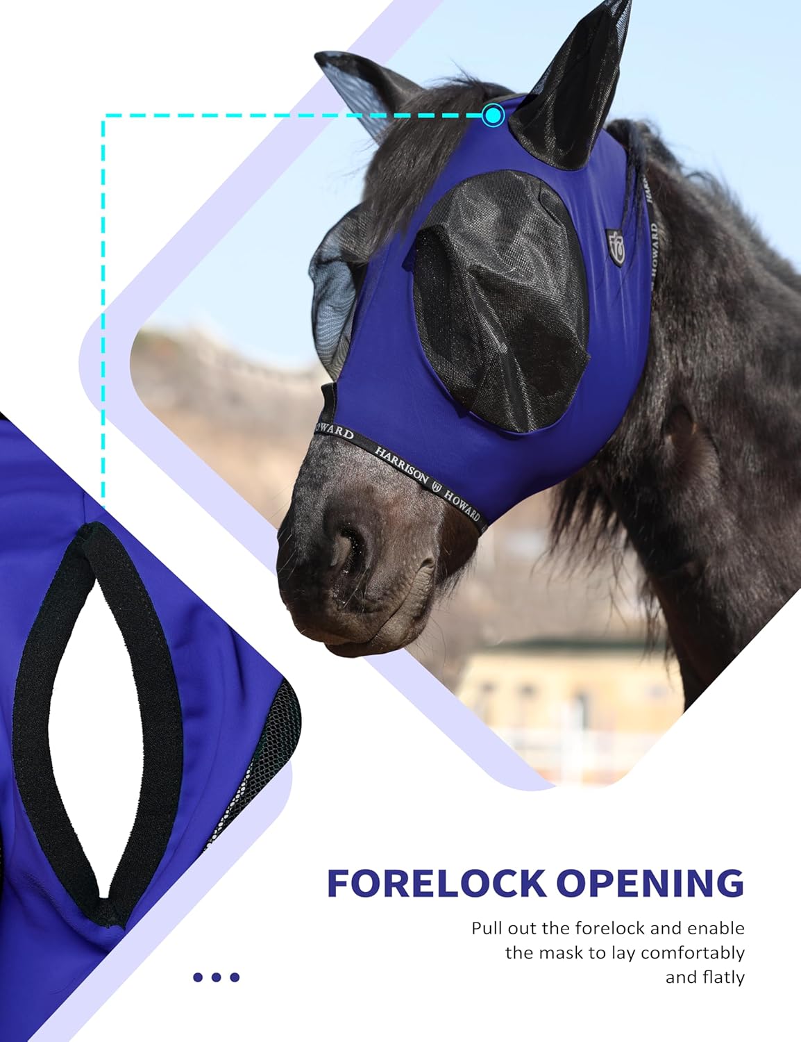 Harrison Howard Horse Fly Mask with Forelock Opening Stretch Breathable and Comfortable for Horses UV -Protection Navy L