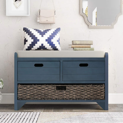 Storage Bench Removable Basket 2 Drawers Fully Assembled Acacia Wood Shoe Bench Standing Shoe Rack Removable Cushion for Living Room, Entrance Hallway, No Assembly Required Navy