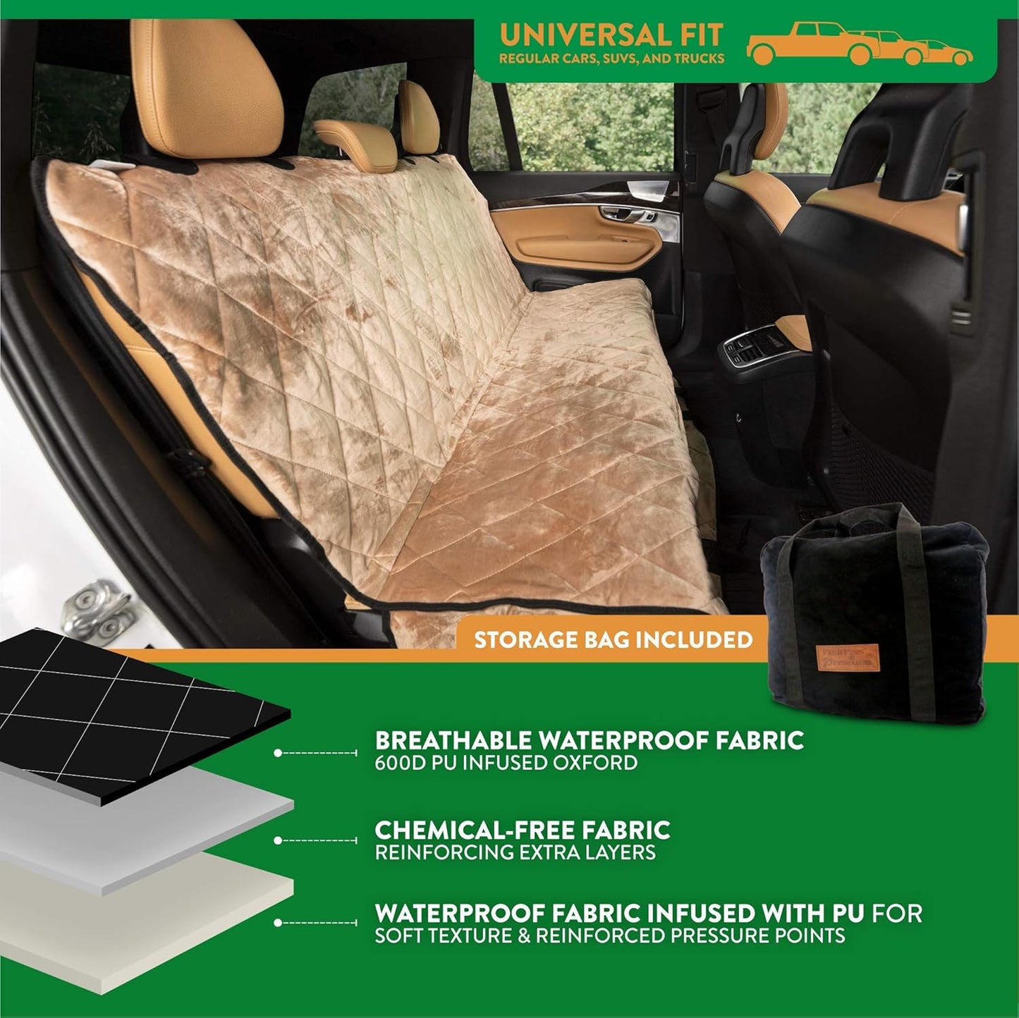 Plush Paws Products Velvet Rear Car Seat Protector w/Hammock | Washable & Waterproof Back Seat Dog Cover for Car, Truck, & SUV | Nonslip, Tear Resistant Pet Seat Cover | X-Large Desert Sand