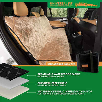 Plush Paws Products Velvet Rear Car Seat Protector w/Hammock | Washable & Waterproof Back Seat Dog Cover for Car, Truck, & SUV | Nonslip, Tear Resistant Pet Seat Cover | X-Large Desert Sand