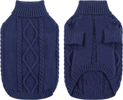 Queenmore Small Dog Pullover Sweater, Cold Weather Cable Knitwear, Classic Turtleneck Thick Warm Clothes for Chihuahua, Bulldog, Dachshund, Pug (Dark Navy, Medium)