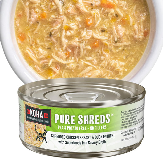 KOHA Pure Shreds Chicken and Duck Entrée for Cats, High Protein Wet Cat Food, 5.5oz Cans (Pack of