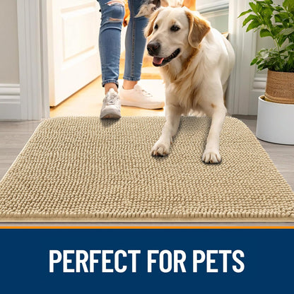 OLANLY Dog Door Mat for Muddy Paws 59x32, Absorbs Moisture and Dirt, Absorbent Non-Slip Washable Doormat, Quick Dry Chenille Mud Mat for Dogs, Entry Indoor Entryway Carpet for Inside Floor, Beige