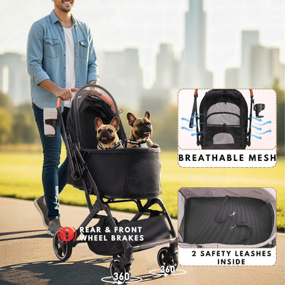 Pet Stroller for Small Medium Dogs Cats Up to 45 lbs, Travel Lite Collapsible, All Terrain 4 Wheels for Jogging, Running, Black