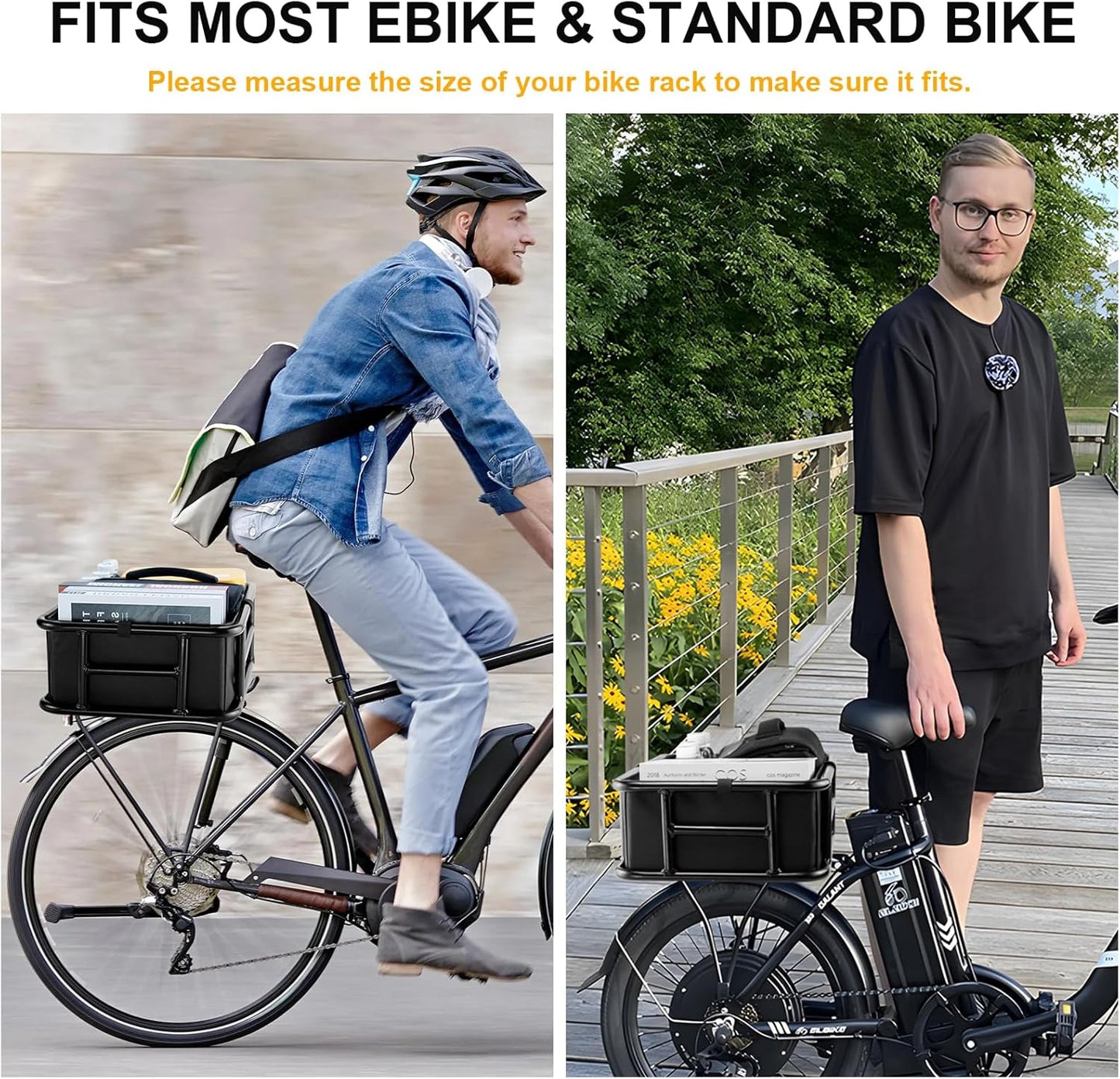 Bike Basket Rear with Liner,Waterproof Cover,Cargo Net Large Rear Bike Basket,Heavy Duty Bicycle Rear Basket for Electric Bike, Ebike,Great for Bike Trip,Carrying Grocery,Ball,Dog