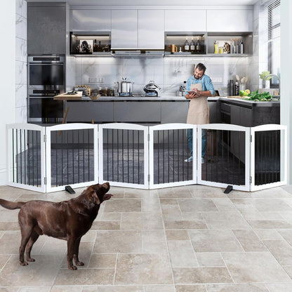 Freestanding Panel Dog Gate for Indoor Doorways, Stairs, or Hallways, Foldable Wooden Pet Gate, Support Feet Included, 24" Height-6 Panels, White