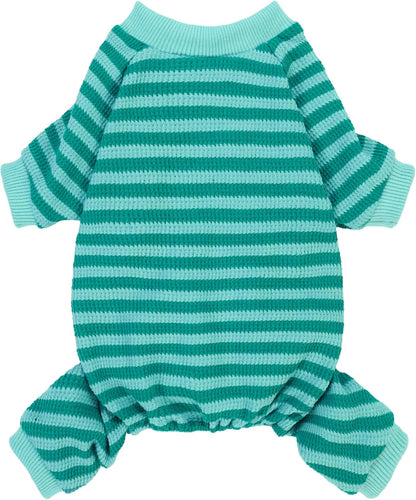 Fitwarm Green and Teal Striped Dog Pajamas, Waffle Dog Clothes for Small Dogs Girl Boy, Puppy Onesie with Feet, Pet Cat Outfit, Medium