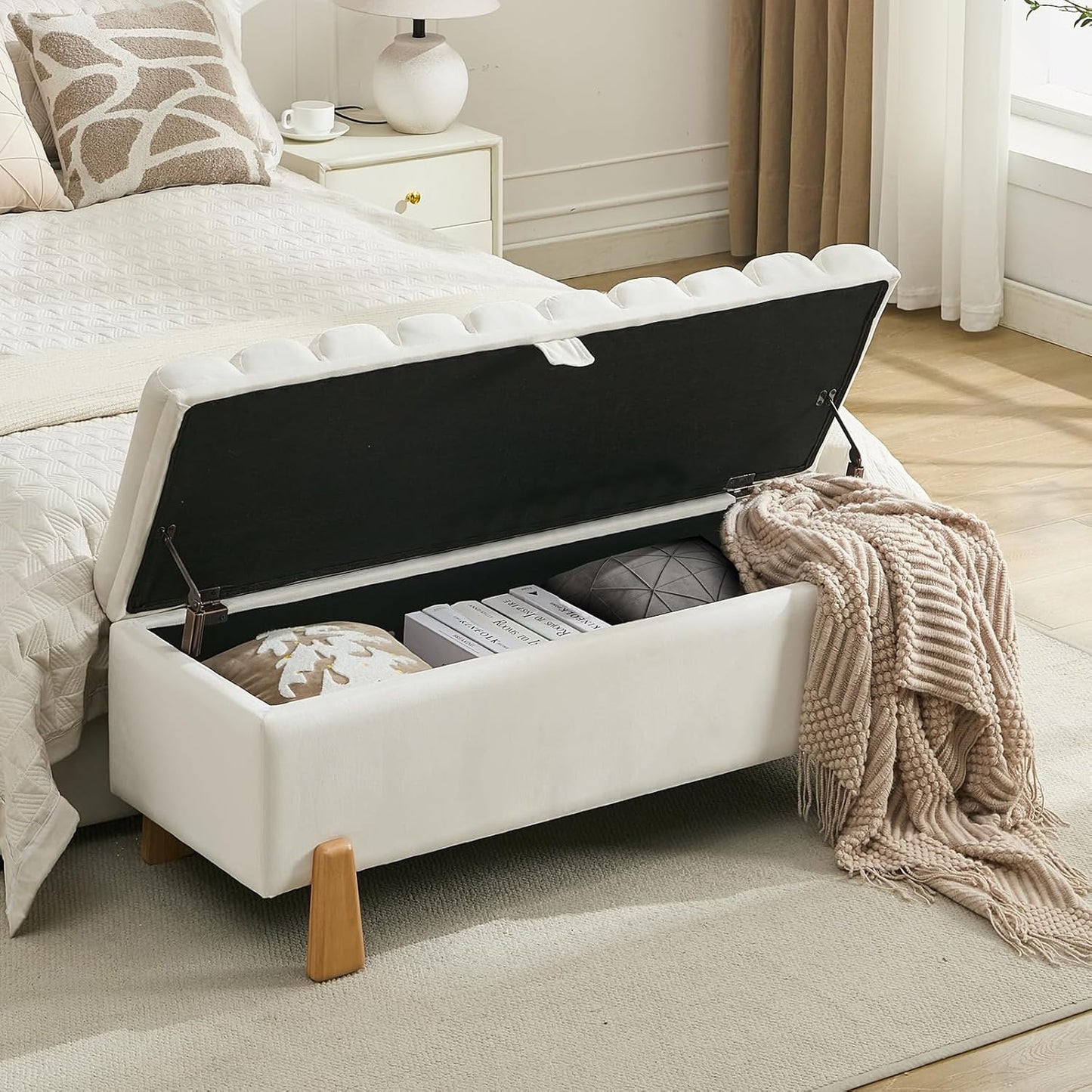 Storage Ottoman Bench for Bedroom Small Spaces 48.6 Inch with Hinged Lid Solid Wood Tapered Legs Tufted Upholstered Fabric for Living Room & Bedroom, Beige