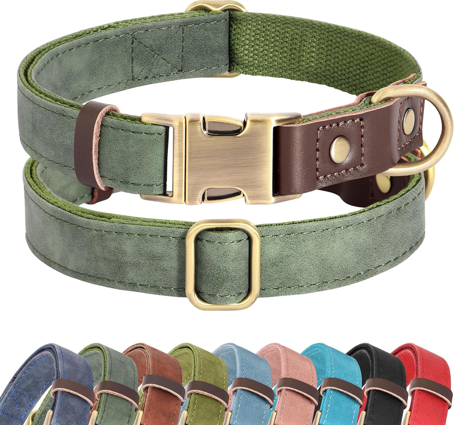 Didog Soft PU Leather Dog Collars for Medium Dogs,Classic Adjustable Dog Collars with Quick Release Metal Buckle,Easy Clean and Comfortable with Nylon Lining,Green,M Neck 13-19"