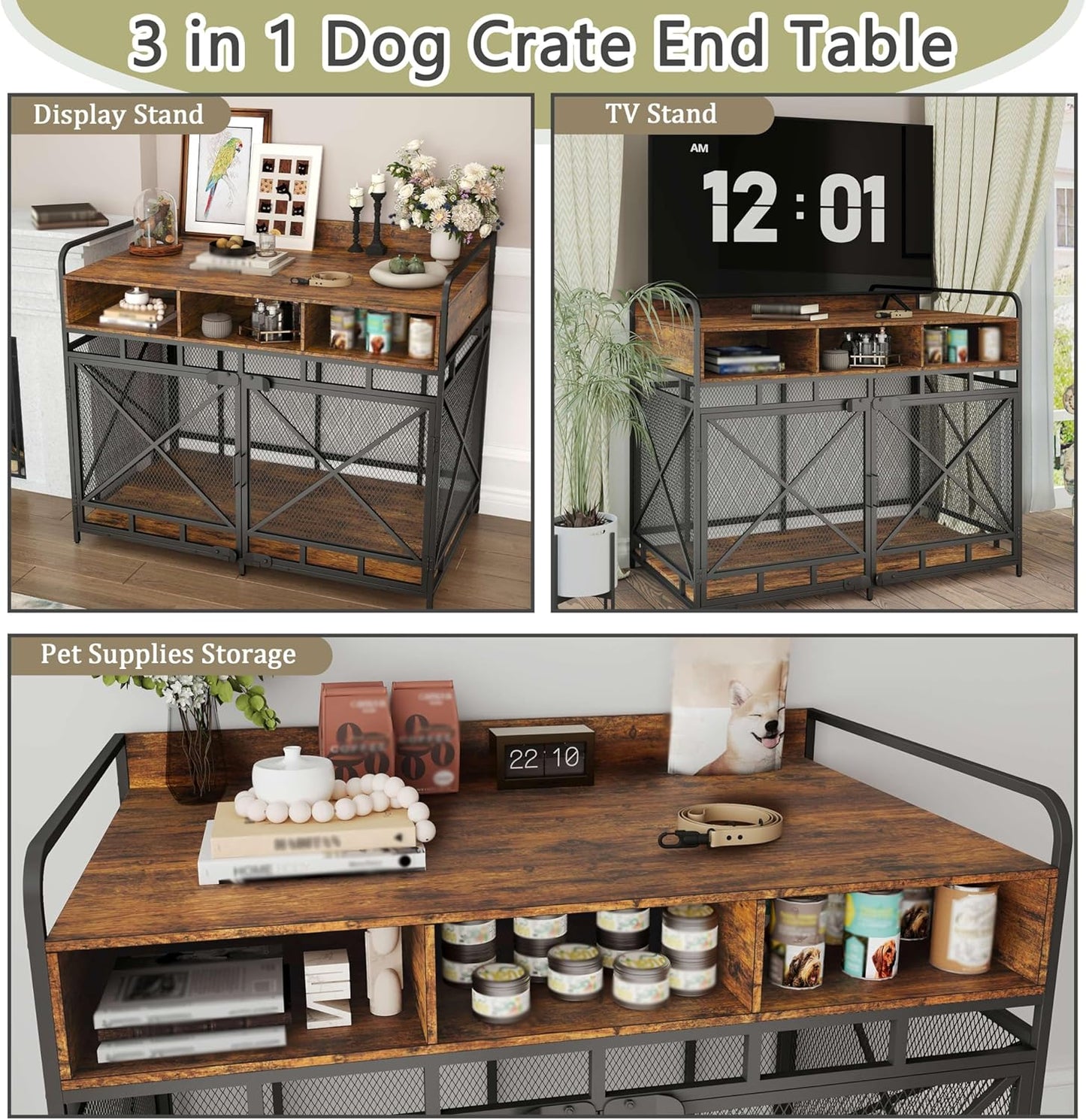 Dog Crate Furniture, 48" Heavy Duty Wooden Dog Crate End Table, XL Dog Kennel Furniture Large Breed, Decorative Dog Kennel Indoor with 3 Drawers & Steel Tubes 48" L x28 W x38 H (Rustic Brown)