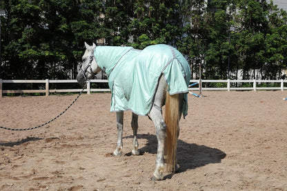 Horse Fly Sheet with Detachable Neck Cover & Belly Wrap, Adjustable Fly Sheet for Horses, Ventilated Airflow Mesh Equine Cooling Summer Flysheet Green 75