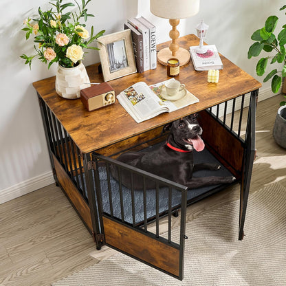 KOOPRO 43.7" Inch Dog Crate Furniture with Cushion for Large Dogs, Wooden Heavy Duty Dog Kennel with Double Doors Indoor, Decorative Pet House Dog Cage Side End Table, Rustic Brown