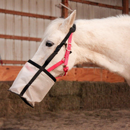 Majestic Ally Horse Feed Bag, Heavy Duty Nylon Mesh Grain Feed Bag, Adjustable Strap with Durable Snap and Elastic Straps, Comfort Neck Pad and Nose Pad- Large (Draft, Beige)