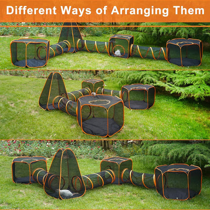 7 in 1 Outdoor Cat Enclosure, Foldable Pop-Up Mesh Playpen Tunnel for Pet Run, Foldable Outside Enclosed Tent Cage for Small Dogs, Rabbit and Other Animals