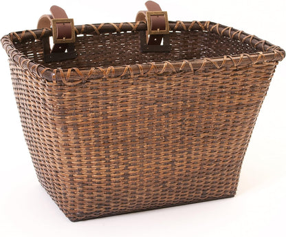 Retrospec Bicycles Cane Woven Rectangular Toto Basket with Authentic Leather Straps and Brass Buckles