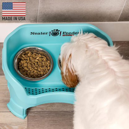Neater Feeder Deluxe Mess Proof Dog Bowls Elevated Medium Sized Dogs (19-40 lbs) Made in USA, No Spill Raised Dog Food Bowl Stand w/Leg Extension, Stainless Steel Food and Water Bowl Set, Aquamarine