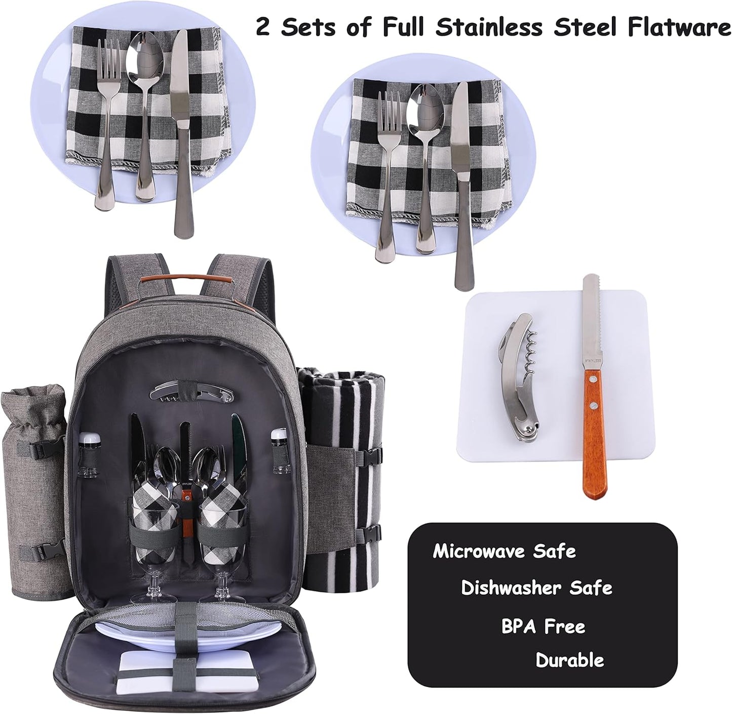 Apollo Walker Picnic Backpack Set for 2 Person with Cooler Compartment, Detachable Bottle/Wine Holder, Fleece Blanket, Plates and Cutlery Set