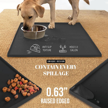AVERYDAY 32x24'' Silicone Dog Mat for Food and Water, 0.63'' Edge Dog Food Bowl Mats for Floor Waterproof, Dogs Water Mat for Sloppy Drinker, Non Slip Rubber Pet Feeding Mats for Indoor Dogs and Cats