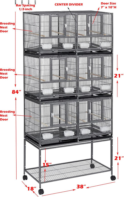 1/2/3-Combo Stacker Center Divided Breeder Breeding Bird Flight Double Rolling Cage for Aviaries Canaries Cockatiels Lovebirds Finches Budgies Small Parrots (White Vein, Three Stacker)