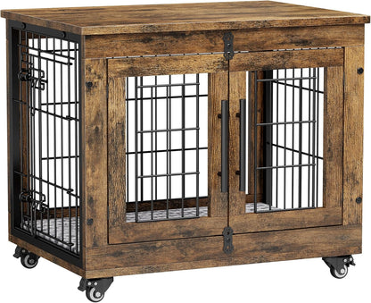 Lulive Small Dog Crate Furniture, Dog Kennel Indoor Double Doors Wooden Dog Cage, 27.1'' Heavy Duty Dog Crate with Cushion & Wheels, Decorative End Table Pet House Chew-Resistant for Small Dogs, Brown